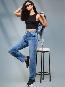 DOLCE CRUDO Women Wide Leg High-Rise Light Fade Stretchable Jeans