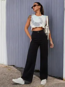 DOLCE CRUDO Women Wide Leg High-Rise Heavy Fade Stretchable Jeans