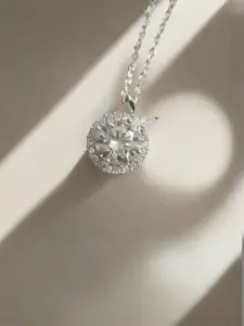 Luxevogue 925 Silver White Rhodium Gold Plated Diamond Like Halo Pendant Necklace