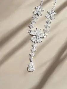 Luxevogue 925 Silver White Rhodium Plated Floral Diamond Pendant Necklace