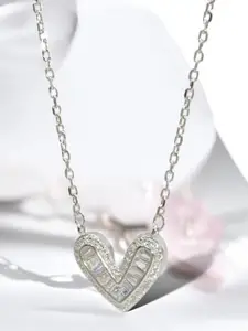 Luxevogue 925 Sterling Silver Rhodium Plated Heart Shape Solitaire Pendant Necklace