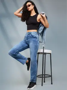 DOLCE CRUDO Women Wide Leg High-Rise Light Fade Stretchable Jeans