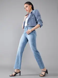 DOLCE CRUDO Women Wide Leg High-Rise Light Fade Stretchable Jeans