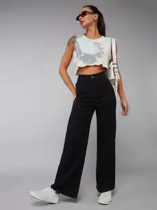 DOLCE CRUDO Women Wide Leg High-Rise Heavy Fade Stretchable Jeans