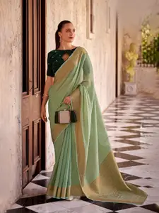 DEVATITHI Woven Design Green Tissue Linen With Zari Weaving  Saree