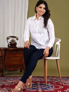 BAESD Women Spread Collar Geometric Printed Cotton Casual Shirt