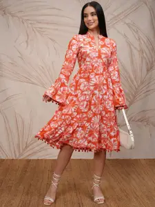 Vishudh Women Printed Midi Tie Fit Flare Dress