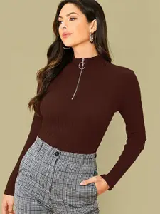 Dream Beauty Fashion Brown Ribbed High Neck Top