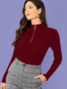 Dream Beauty Fashion Maroon High Neck Long Sleeves Ribbed Top