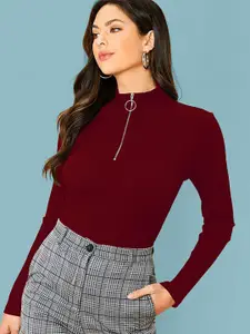 Dream Beauty Fashion Dream Beauty Maroon High Neck Ribbed Fitted Top
