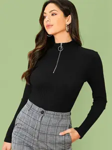 Dream Beauty Fashion Black Ribbed High Neck Knitted Fitted Top