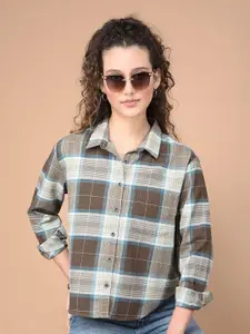 Crimsoune Club Women Classic Boxy Fit Spread Collar Tartan Checked Cotton Casual Shirt