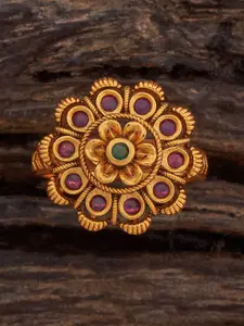 Kushal's Fashion Jewellery Ruby-Green Gold-Plated Antique Finger Ring