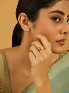 Kushal's Fashion Jewellery Embellished Bridal Gold-Plated Green Stone Antique Finger Ring