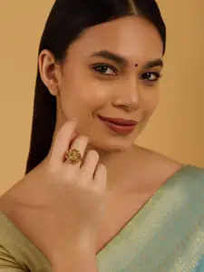 Kushal's Fashion Jewellery Ruby-Green Gold-Plated Ethnic Antique Finger Ring