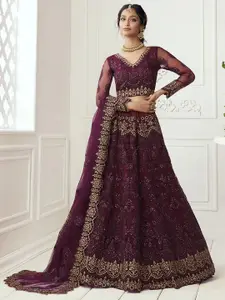 ALIZEH Purple Embroidered Semi Stitched Net Lehenga Choli With Dupatta
