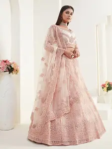 ALIZEH Peach Embroidered Net Lehenga Choli With Dupatta