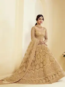ALIZEH Golden Heavy Embroidered Net Designer Lehenga Choli With Dupatta