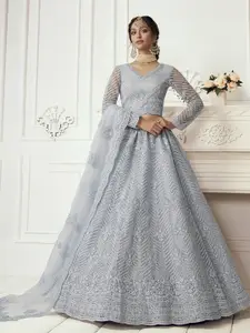 ALIZEH Ash Grey Embroidered Net Lehenga Choli With Dupatta