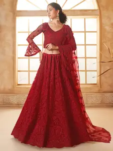 ALIZEH Deep Red Embroidered Net Lehenga Choli With Dupatta