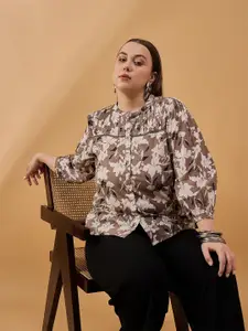 all about you Plus Size Floral Printed Mandarin Collar Bishop Sleeves Cotton Top