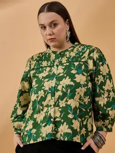 all about you Women Plus Size Floral Prined Mandarin Collar Cotton Top