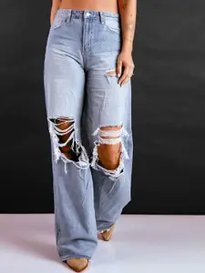 The Roadster Lifestyle Co Women Wide Leg Mid-Rise Light Fade Slash Knee Cotton Jeans