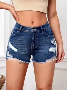 The Roadster Lifestyle Co Women Slim Fit Cotton Mid Rise Denim Shorts