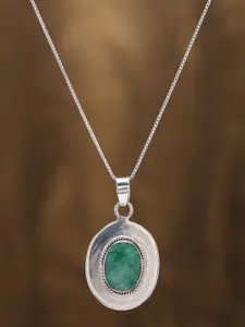Exotic India Sterling Silver Pendant with Faceted Oval Shape Emerald