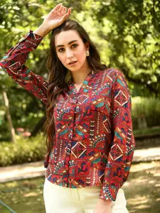 vj fashion Women Mandarin Collar Ethnic Motifs Printed Casual Shirt