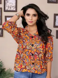 vj fashion Women Cuban Collar Ethnic Motifs Printed Casual Shirt