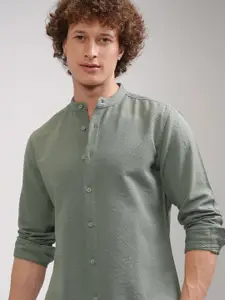 HIGHLANDER Men Band Collar Textured Cotton Casual Shirt