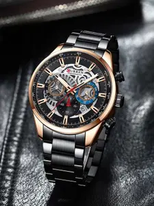 Curren Men Brass Skeleton Dial & Reset Time Analogue Watch CR-8391-Rose-Black