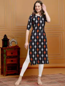 7Threads Geometric Printed Round Neck Short Sleeves Regular Straight Kurta