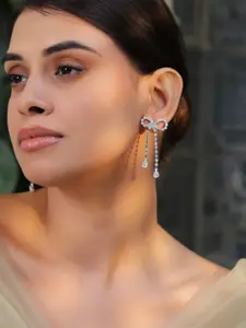 Rubans Rhodium-Plated Cubic Zirconia Studded Crescent Shaped Drop Earrings