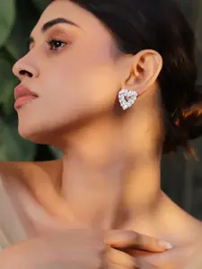 Rubans Rhodium Plated Cubic Zirconia Stone Studded Heart Shaped Studs