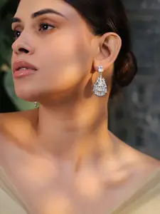 Rubans Rhodium Plated Cubic Zirconia Stone Studded Teardrop Shaped Drop Earrings
