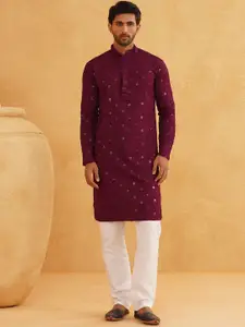 SOJANYA Geometric Embroidered Mandarin Collar Sequinned Pure Cotton Kurta with Churidar