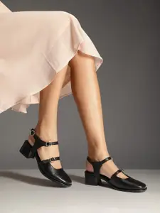 Kenneth Cole Leather Block Mary Janes Heels With Buckles