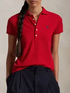 Polo Ralph Lauren Women Solid Polo Collar Cotton T-shirt