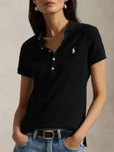 Polo Ralph Lauren Women Solid Polo Collar Slim Fit Cotton T-shirt