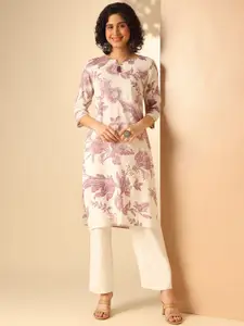 Anouk Pink Floral Printed Notch Neck Straight Kurta