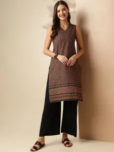Anouk Brown Floral Kalamkari Printed Straight Cotton Kurta