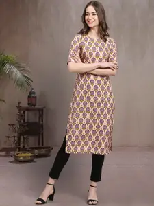 7Threads Ethnic Motifs Printed Round Neck Straight Crepe Kurta