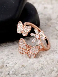 DIAVO Stones-Studded Whimsy Flutter Floral Adjustable Finger Ring