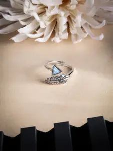 DIAVO 925 Sterling Silver Rhodium-Plated Stone Studded Mystic Feather Finger Ring