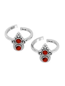 Peenzone Jewellers 925 Sterling Silver -Plated Garnet Studded Round Shape Cup Toe Rings
