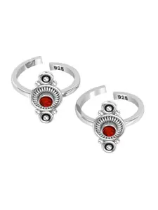 Peenzone Jewellers 925 Sterling Silver-Plated Garnet Studded Round Shape Cup Toe Rings