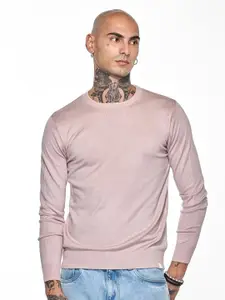 Snitch Men Light Pink Plain Pullover Sweater