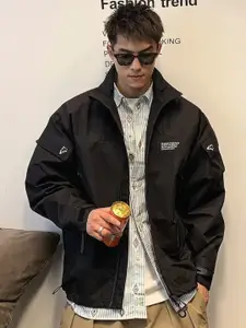 HERE&NOW Men Mock Collar Typography Printed Casual Bomber Jacket